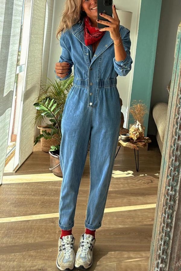 Carey Denim Button Up Long Sleeve Elastic Waist Pocketed Loose Jumpsuit-consonak