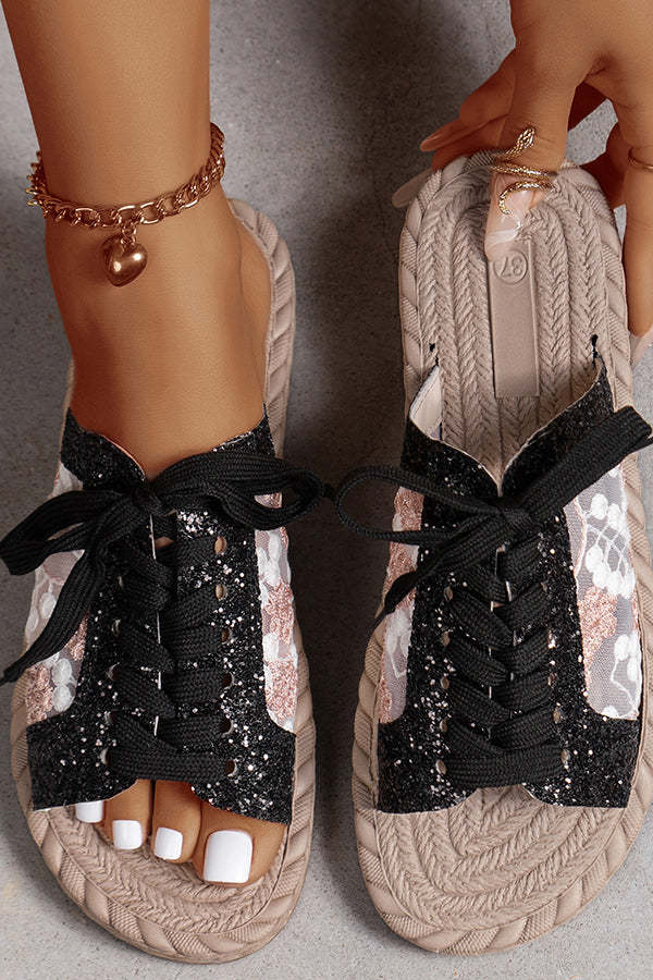 Sequined Mesh Embroidered Casual Strappy Flat Slippers-consonak