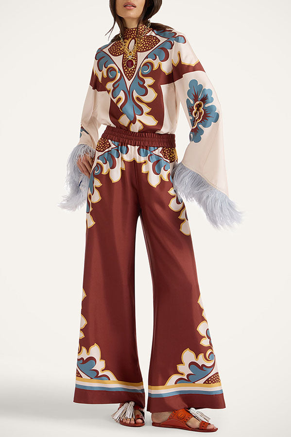 Bohemian Dreams Unique Print High Neck Feather Trim Bell Sleeve Top-Consonak