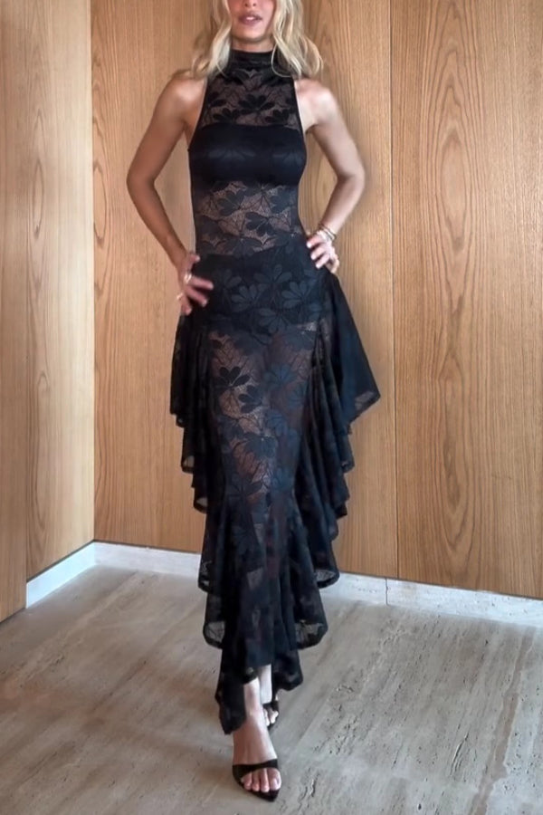 Fashionable Sheer Lace Sleeveless Fitted Ruffled Irregular Midi Dress