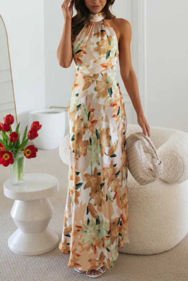 Floral Print Sleeveless Halter Neck Tie Holiday Maxi Dress-consonak