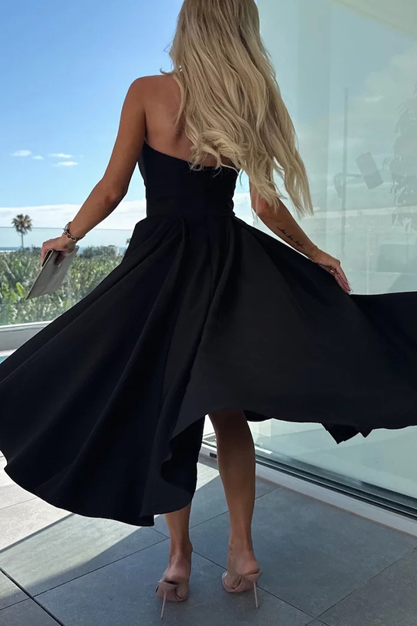 Sweet Cascade Solid Color Off Shoulder Pocket Full Hem Midi Dress-consonak