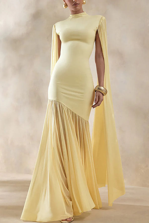 Elegant High-Neck Cape Detail Maxi Dress-Consonak