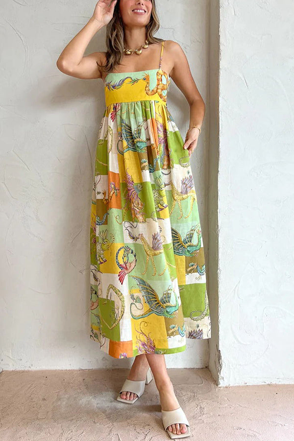 Dragon Family Printed Linen Blend Pocketed Back Knotted Midi Dress-consonak