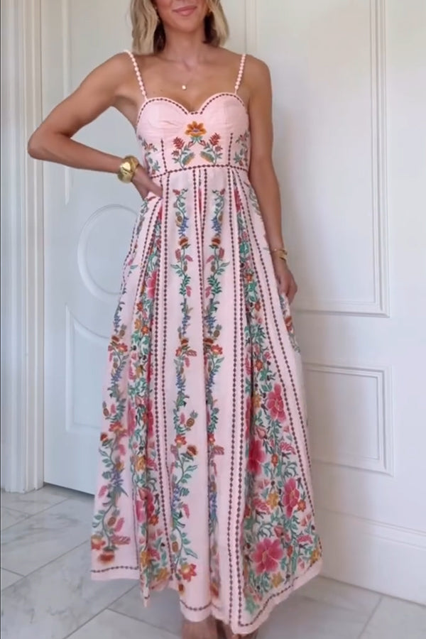 Linen Blend Delicate Forest Unique Print Sweetheart Neck Beaded Straps Maxi Dress | Consonak