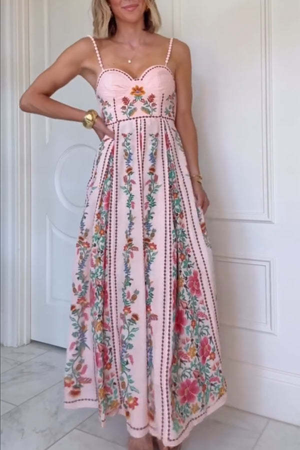 Linen Blend Delicate Forest Unique Print Sweetheart Neck Beaded Straps Maxi Dress-consonak