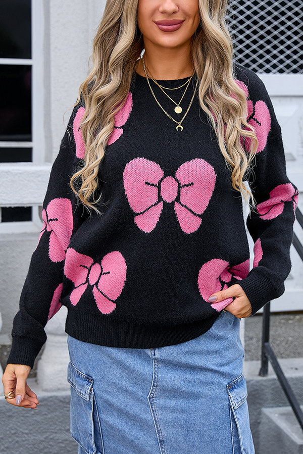 Fashionable Loose Round Neck Knitted Bow Sweater-consonak
