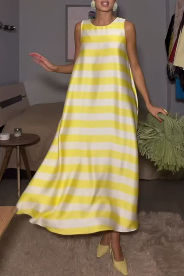 Elara Satin Striped Contrast Print Sleeveless Pocket A-line Maxi Dress | Consonak