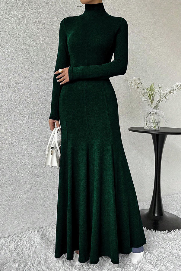 Solid Color High-neck Long-sleeved Slim-fit Fishtail Elegant Maxi Dress-consonak