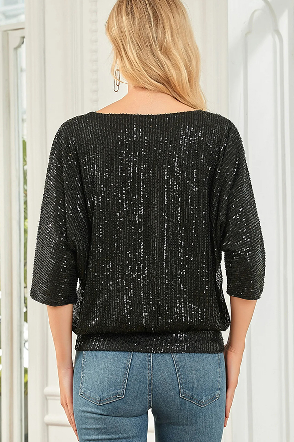 Solid Color Sequined Loose Round Neck Casual Top-consonak
