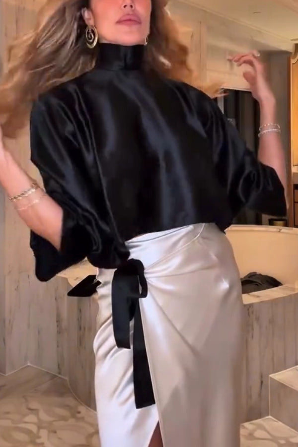 Elegant High-neck Long-sleeved Loose Top and Cross-strap High-slit Maxi Skirt Set-consonak