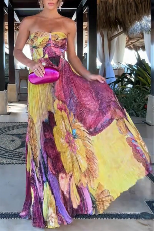 Vibrant and Bold Floral Print Sweetheart Neck Pleated Maxi Dress | Consonak