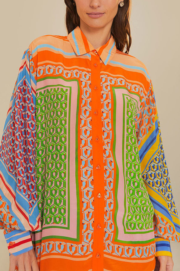 Brazil's Joyful Spirit Colorful Unique Print Balloon Sleeve Button Loose Shirt | Consonak