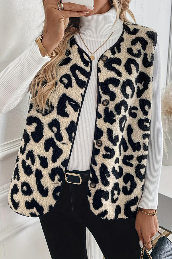 Leopard Print Sleeveless Button Plush Vest Jacket-consonak