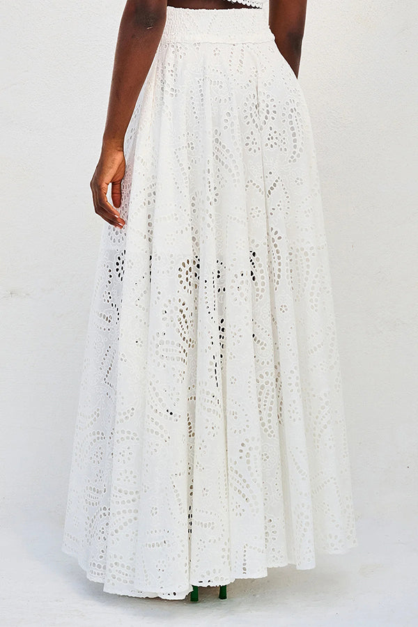 Paris Dreaming Embroidered Lace High Rise Elastic Waist Pocketed Maxi Skirt  | Consonak