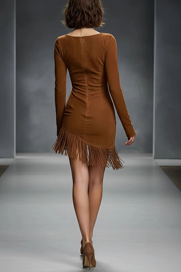 Stylish Suede Round Neck Long Sleeve Slim Fit Tassel Mini Dress-consonak