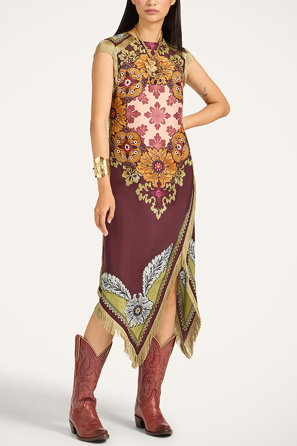 Bohemian Style Floral Print Tassel Trim Irregular Hem Slit Scarf Midi Dress