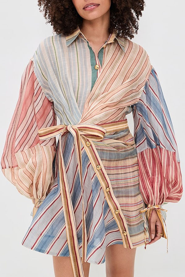 Salie Linen Blend Color-block Stripes Twisted Wrap Long Balloon Sleeve