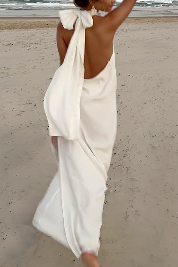 Floral Embellished Satin Halterneck Backless Resort Maxi Dress-consonak