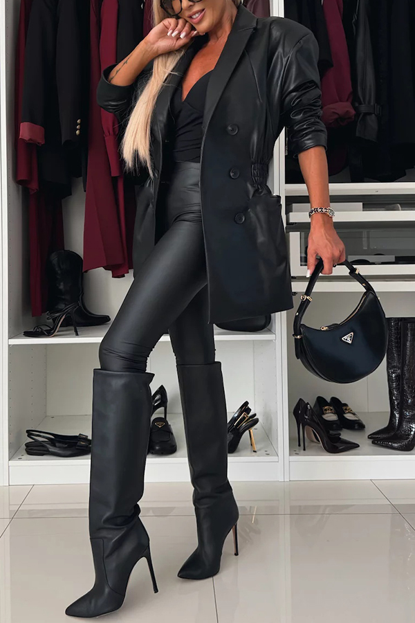 Fashionable Items Faux Leather Button Up Elastic Waistband Lapel Blazer-consonak