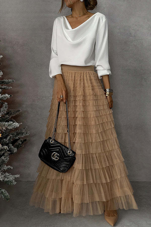 Simple and Beautiful Satin Cowl Drape Neck Long Sleeved Shirt-consonak