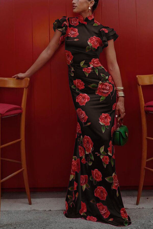 Elegant party cheongsam style rose print layered flared sleeve elastic long skirt-consonak