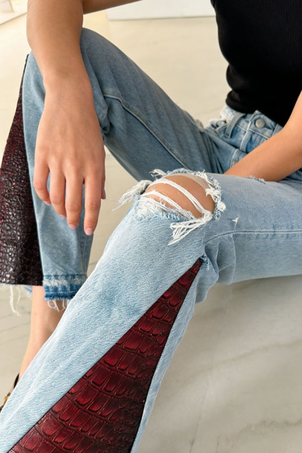 Stylish Attitude Denim Mid Rise Distressed Red Croc Hem Pocket Flare Jeans