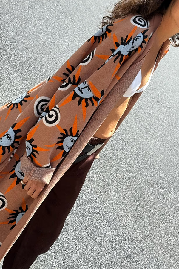 Mediterranean Art Knit Unique Sun Vortex Print Bell Sleeve Long Cardigan-consonak