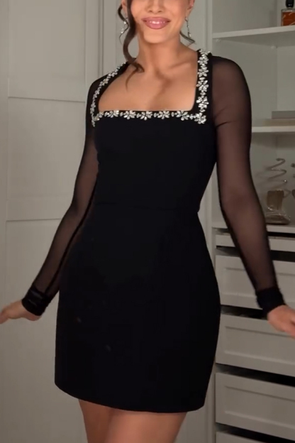 Emmey Jewel Embellished Trim Square-Neck Mesh Long Sleeve Mini Dress-consonak