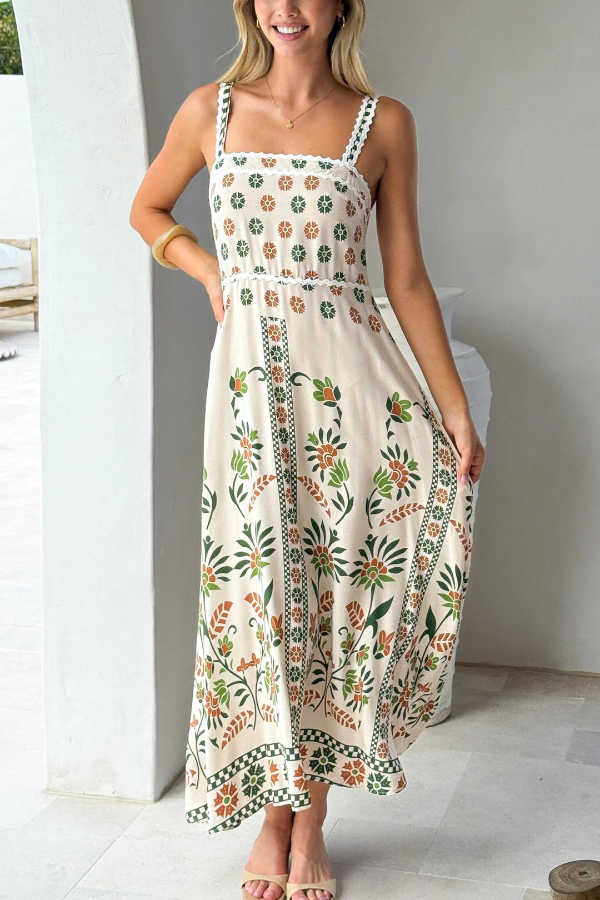 Floral Print Sleeveless Square Neck Casual Vacation Maxi Dress