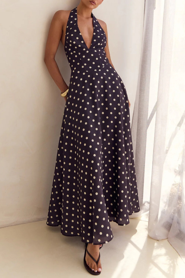 Floral Print V-neck Backless Tie-up Fitted Waist Elegant Maxi Dress-consonak