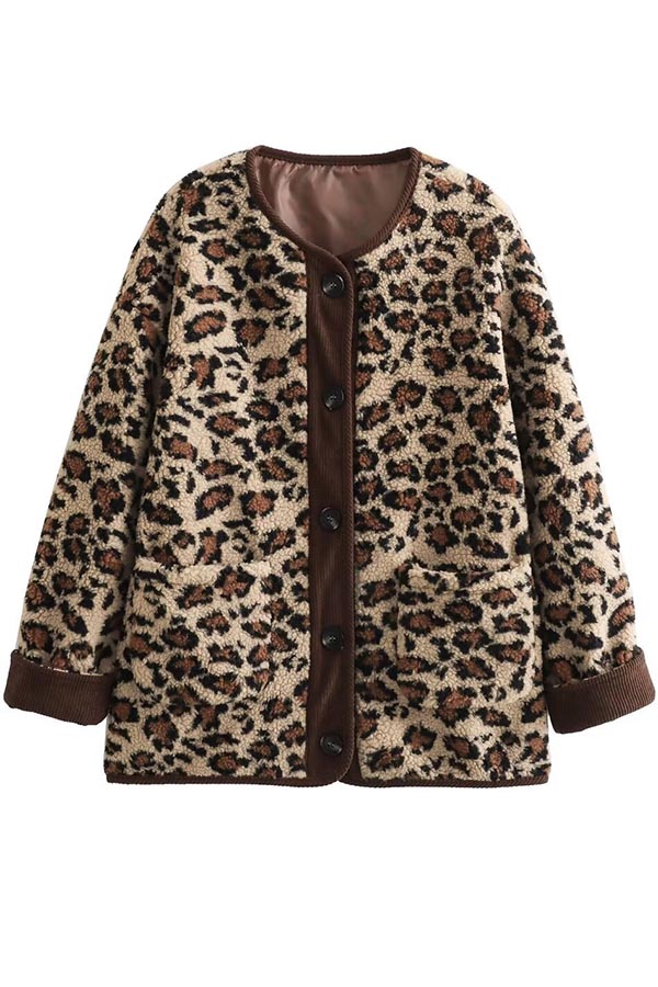 Warm Feel Colorblock Leopard Print Plush Button Up Pocketed Teddy Jacket-consonak