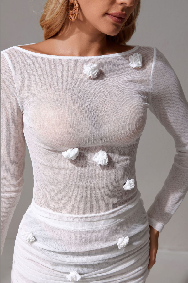 Solid Color 3D Floral Long-sleeved Top and Holiday Slim-fit Beach Maxi Skirt Cover-up Set-consonak