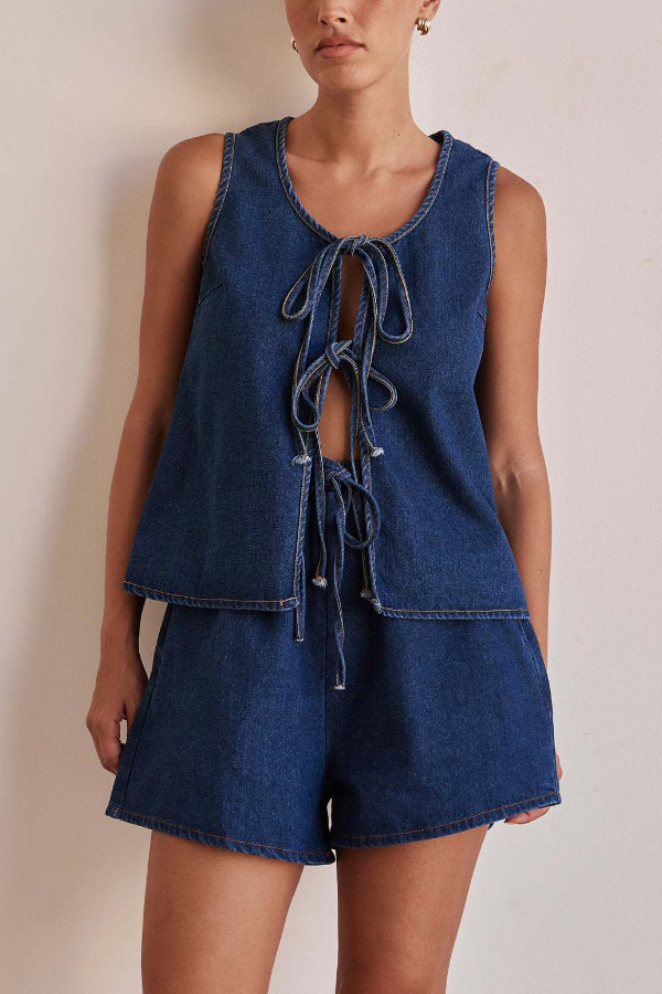 Stylish Sleeveless Round Neck Tie-up Casual Denim Vest