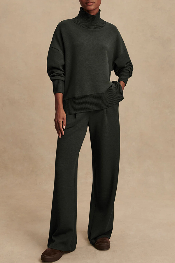 Barker High-Neck Long Sleeve Side Zipper Sweatshirt and Elastic Waist Pocketed Loose Pants Set-Consonak