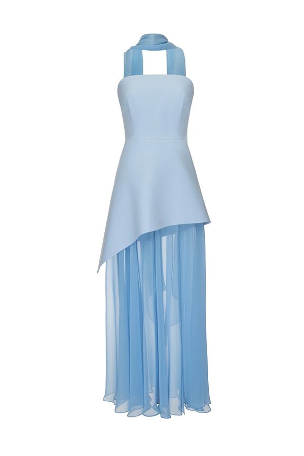 Monaco Off Shoulder Structured Top Chiffon Slit Hem Scarf Maxi Dress | Consonak