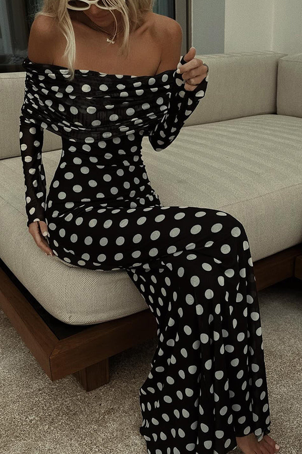 Chic Statement Polka Dot Print Off Shoulder Ruched Stretch Maxi Dress | Consonak