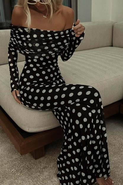 Chic Statement Polka Dot Print Off Shoulder Ruched Stretch Maxi Dress-consonak