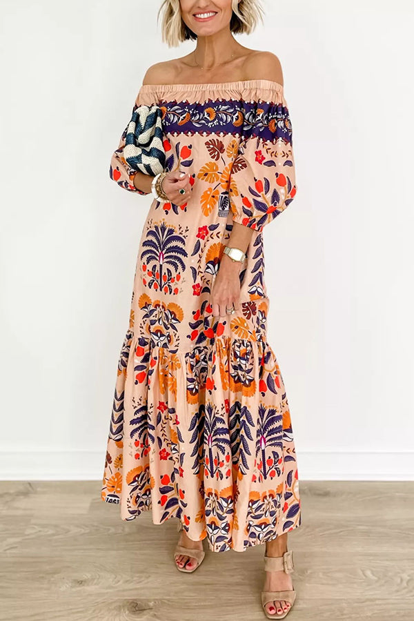 Island Lover Printed Off The Shoulder Pocketed Flowy Midi Dress-consonak