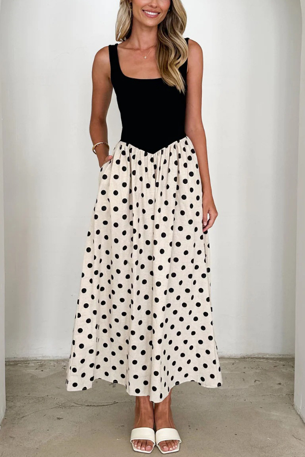 Black and White Color-blocked Polka Dot Print Sleeveless Casual Pocket Maxi Dress
