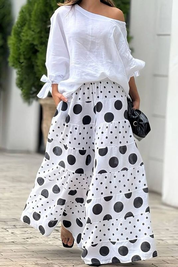 Stylish Tie-cuff Loose Top and Polka Dot Print Pocket Wide Leg Pants Set-consonak