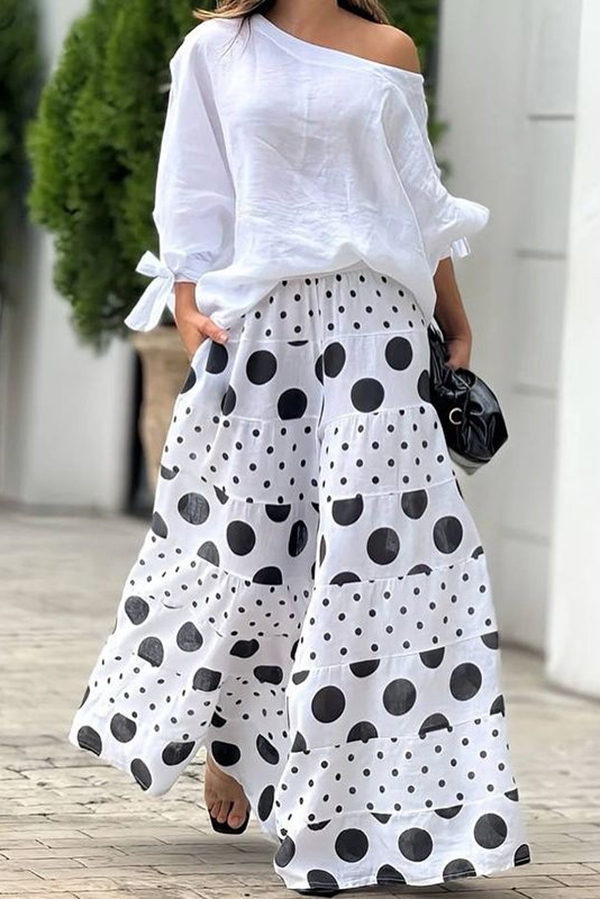 Stylish Tie-cuff Loose Top and Polka Dot Print Pocket Wide Leg Pants Set-consonak