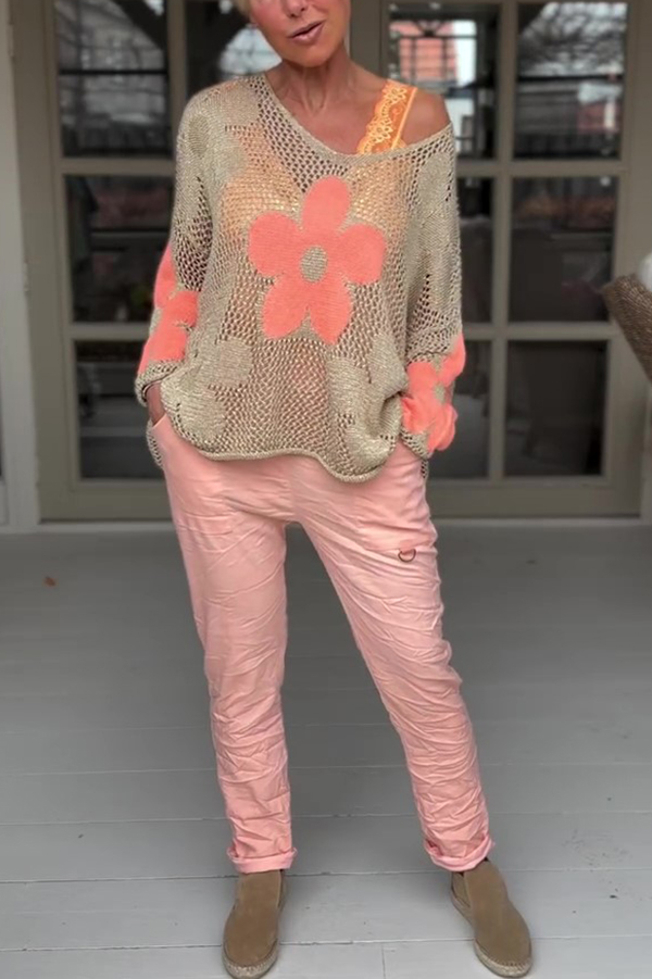 Embroidered Flower Hollow Long-sleeved Holiday Loose Knitted Top-consonak