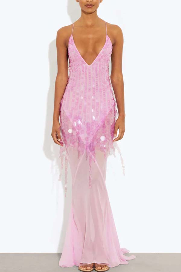 Perfect Night Sequin Embroidery Backless Drape Tulle Hem Slip Maxi Dress-consonak