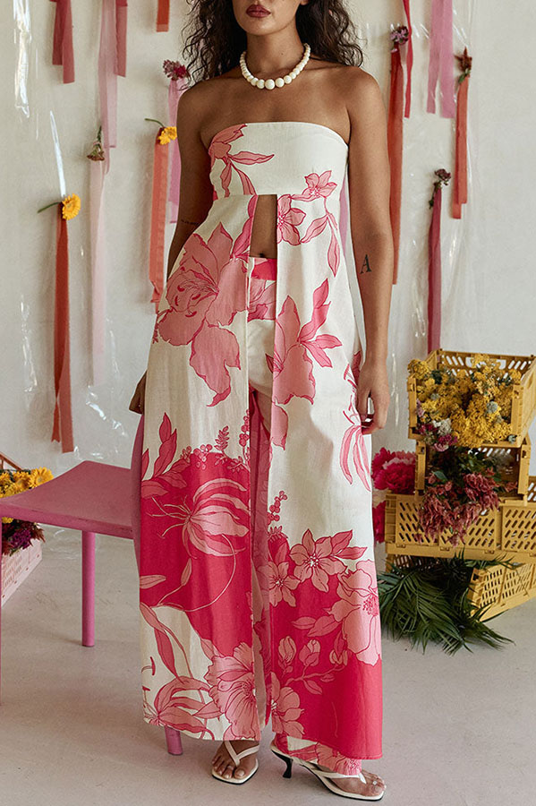 Flora Sunset Linen Blend Printed Front Slit Strapless Midi Top and High Rise Pocket Loose Pants Set