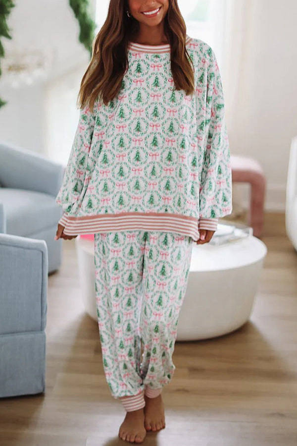 Christmas Print Loose Long-sleeved Top and Elastic Waist Casual Pants Set-consonak