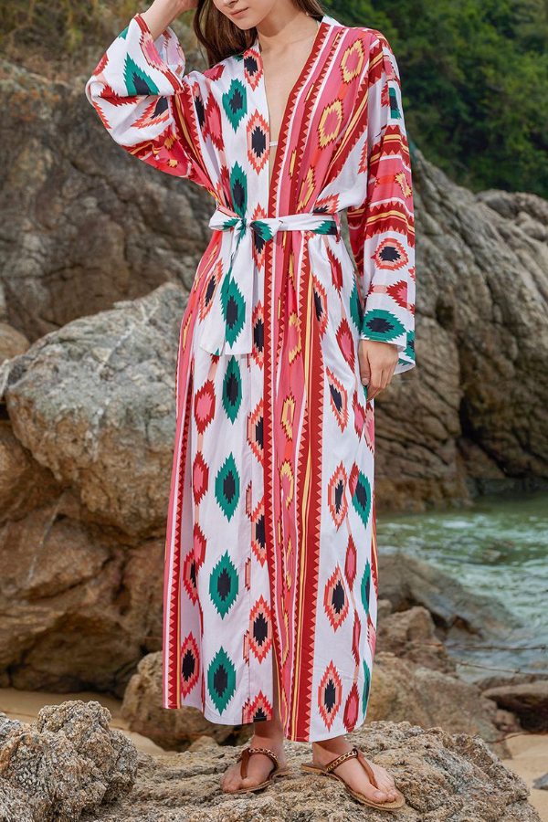Unique Printed Loose Long-Sleeved Tie-Waist Holiday Extra-Long Cover-Up Robe-consonak