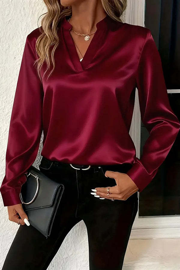 Solid Color Satin Loose V-neck Long-sleeved Casual Shirt-consonak