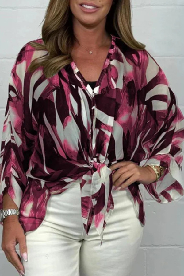 Unique Printed Long Sleeve V-neck Chiffon Loose Shirt-consonak