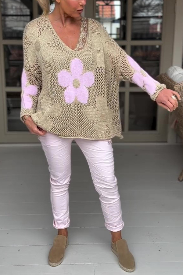 Embroidered Flower Hollow Long-sleeved Holiday Loose Knitted Top-consonak